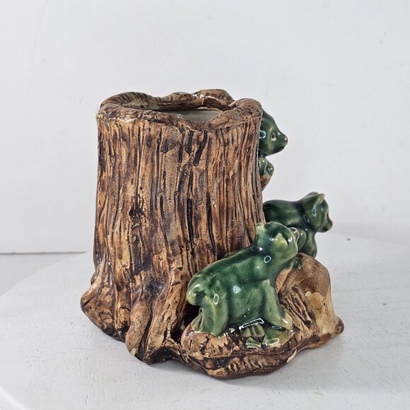 Vintage Majolica Style Bear Tree Trunk Planter Vase Green Brown Glaze - Picture 3 of 9